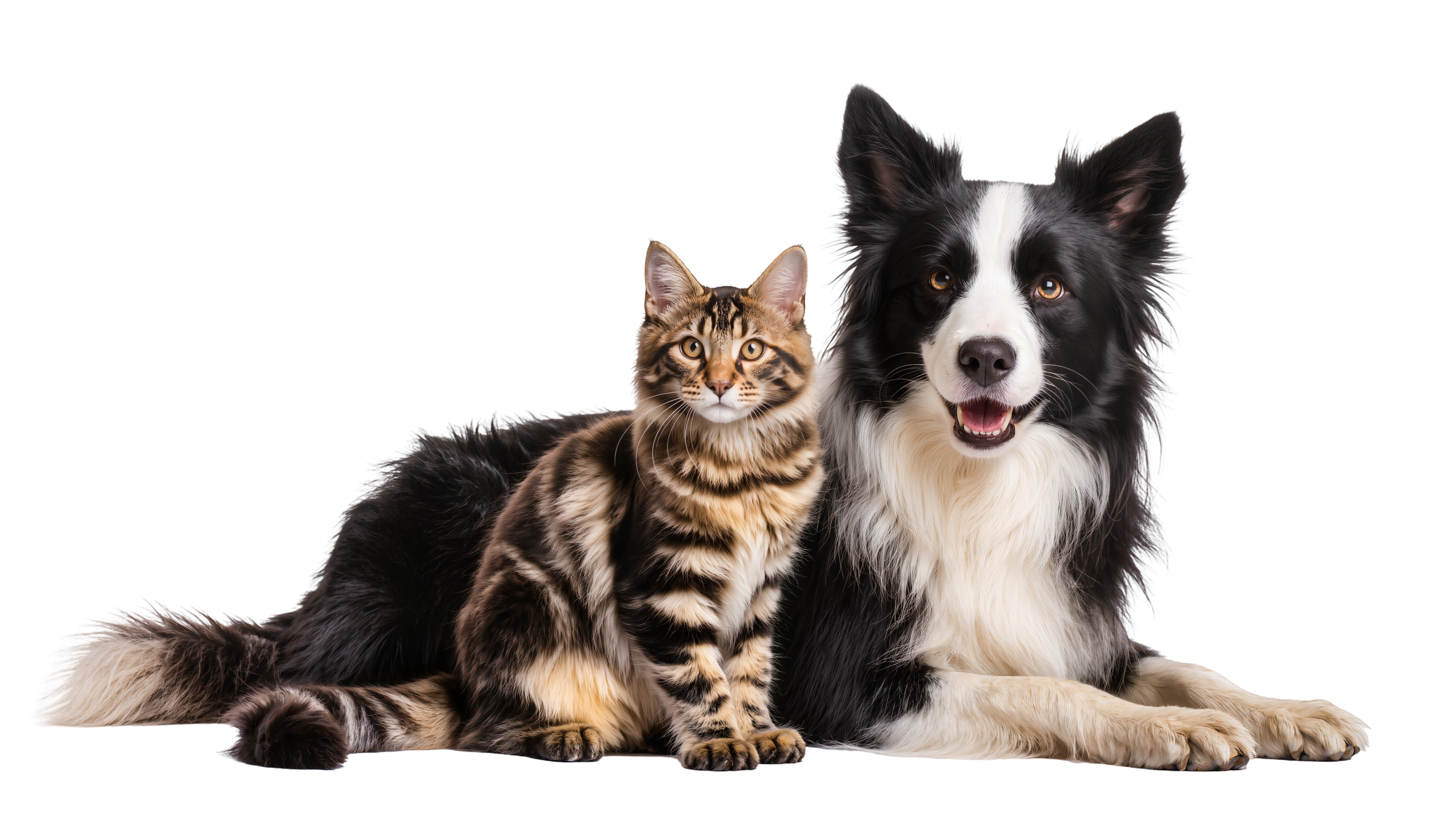 A relaxed dog sitting beside a tabby cat
